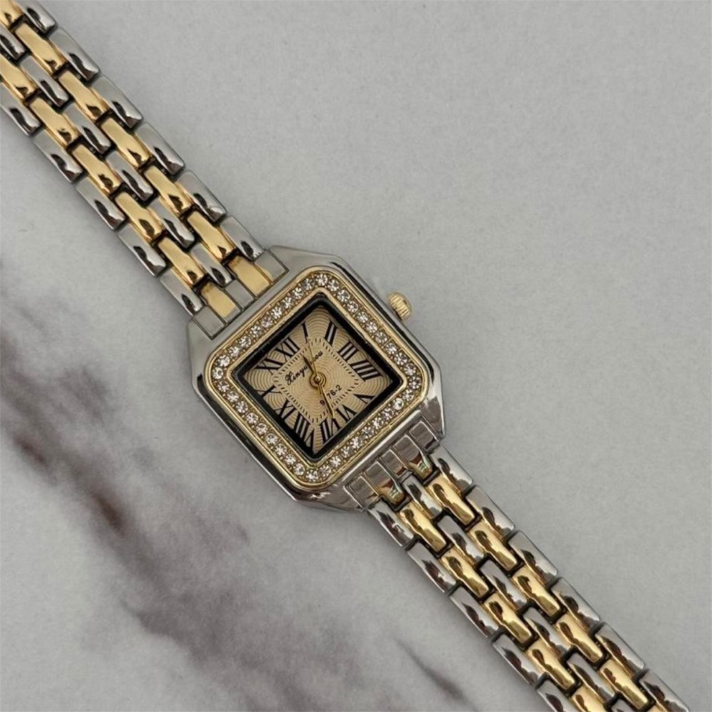 Elegant Square Roman Dial Women’s Watch - Crystal Encrusted Steel Link Bracelet - Luxury Quartz Timepiece