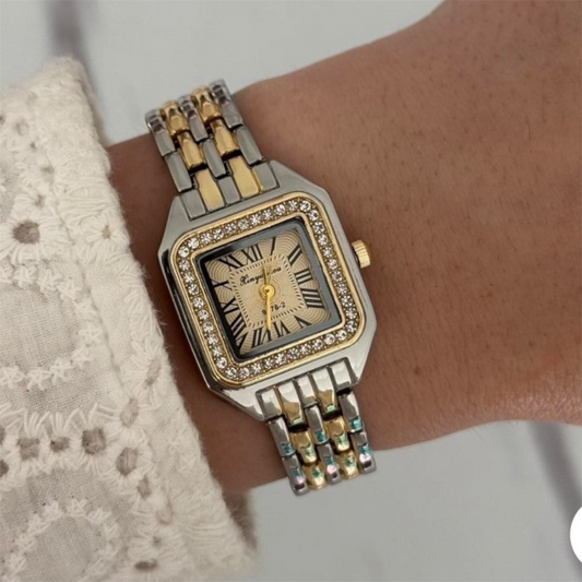 Elegant Square Roman Dial Women’s Watch - Crystal Encrusted Steel Link Bracelet - Luxury Quartz Timepiece